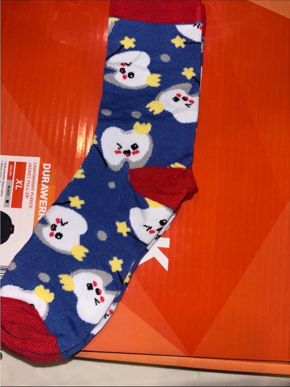 Novelty Blue Crew Socks with Red Accents - Tooth & Star Pattern